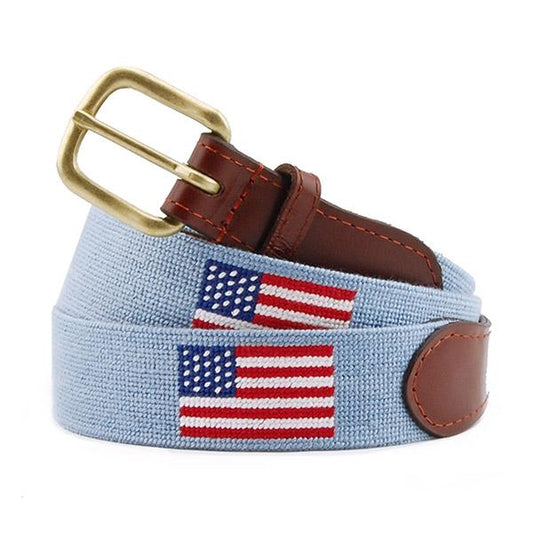 Needlepoint Collection | American Flag Needlepoint Belt | USA Flag Belt | Light Blue | Antique Blue | Smathers and Branson-Belt-Sterling-and-Burke