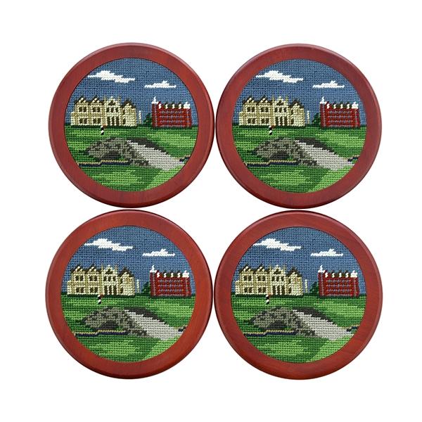 Needlepoint Collection | St Andrews Golf Course Scene Needlepoint Coaster Set | Smathers and Branson-Coasters-Sterling-and-Burke