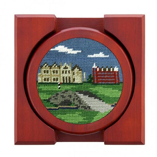 Needlepoint Collection | St Andrews Golf Course Scene Needlepoint Coaster Set | Smathers and Branson-Coasters-Sterling-and-Burke