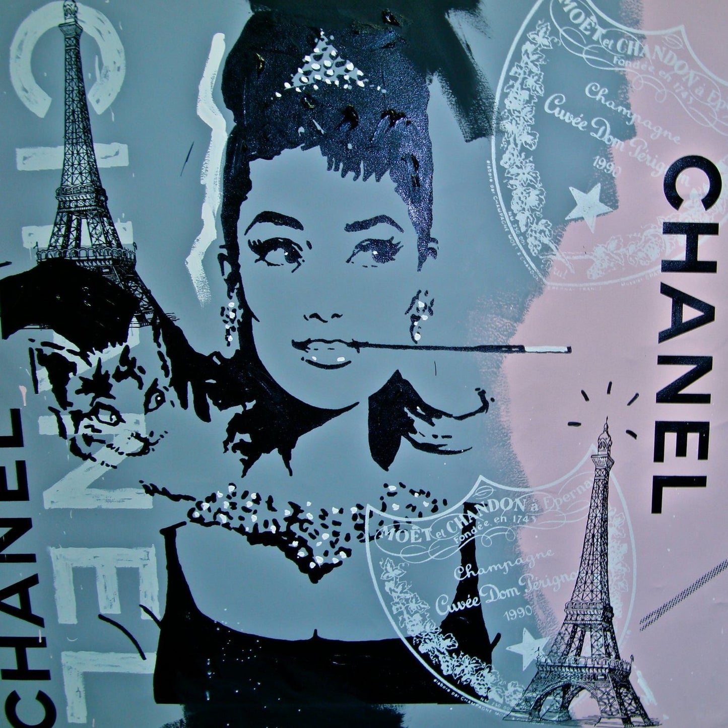 Stango Gallery: An American Icon: Audrey Hepburn | Pink and Grey Audrey Hepburn and Chanel,Dom Perignon, Eiffel Tower | Gallery at Studio Burke, Washington, DC