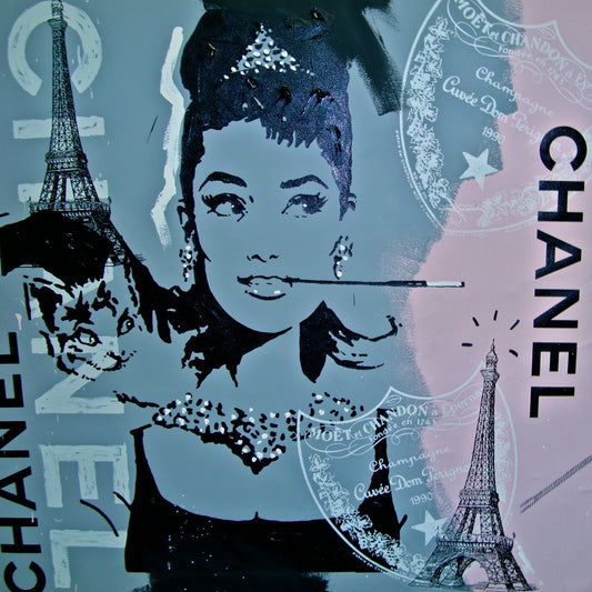 Stango Gallery: An American Icon: Audrey Hepburn | Pink and Grey Audrey Hepburn and Chanel,Dom Perignon, Eiffel Tower | Gallery at Studio Burke, Washington, DC