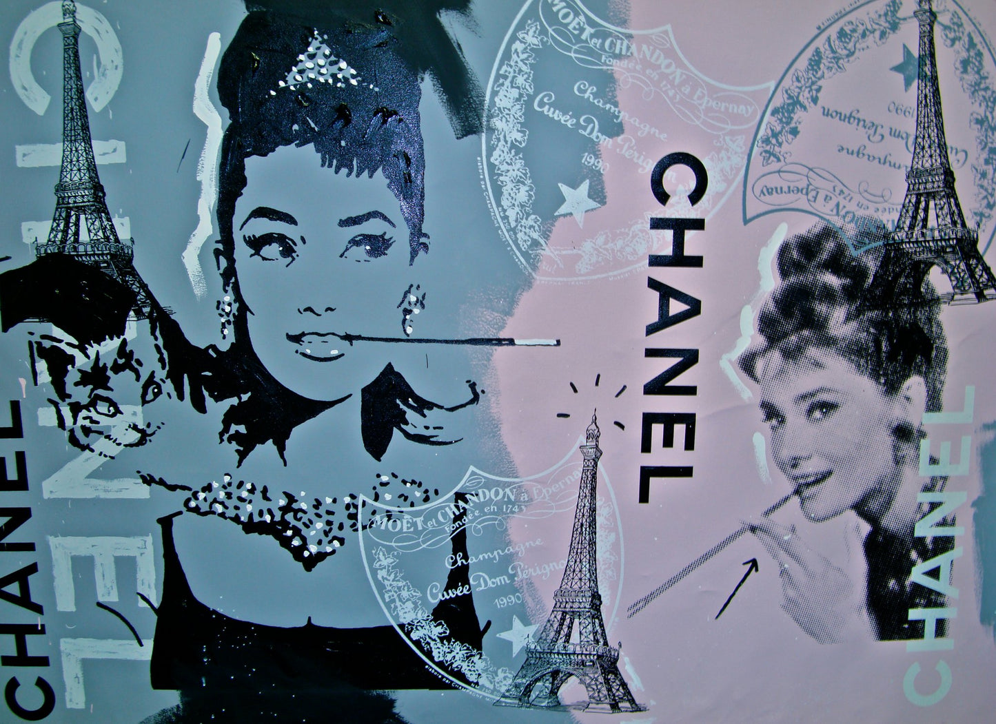 Stango Gallery: An American Icon: Audrey Hepburn | Pink and Grey Audrey Hepburn and Chanel,Dom Perignon, Eiffel Tower | Gallery at Studio Burke, Washington, DC