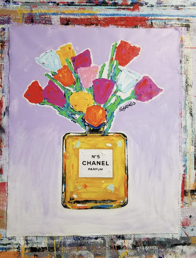 Stango Gallery: Chanel | Pale Lavender Chanel No.5 Parfum and Tulips | Chanel Bottle Pop Art | Gallery at Studio Burke, Washington, DC