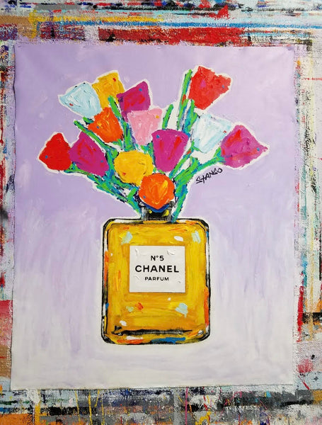 Stango Gallery: Chanel | Pale Lavender Chanel No.5 Parfum and Tulips | Chanel Bottle Pop Art | Gallery at Studio Burke, Washington, DC