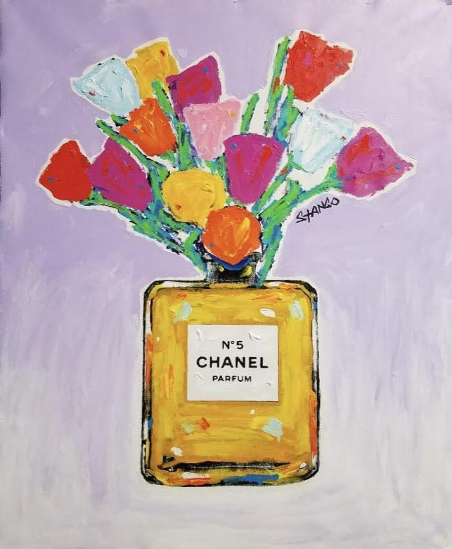 Stango Gallery: Chanel | Pale Lavender Chanel No.5 Parfum and Tulips |  Chanel Bottle Pop Art | Gallery at Studio Burke, Washington, DC