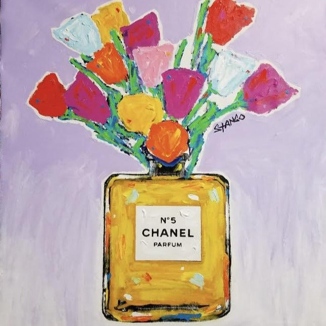 Stango Gallery: Chanel | Pale Lavender Chanel No.5 Parfum and Tulips | Chanel Bottle Pop Art | Gallery at Studio Burke, Washington, DC