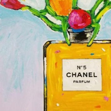 Stango Gallery: Chanel | Pale Pink and Light Blue Chanel No.5 Parfum and Tulips | Chanel Bottle Pop Art | Gallery at Studio Burke, Washington, DC