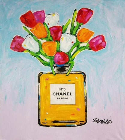 Stango Gallery: Chanel | Pale Pink and Light Blue Chanel No.5 Parfum and Tulips | Chanel Bottle Pop Art | Gallery at Studio Burke, Washington, DC