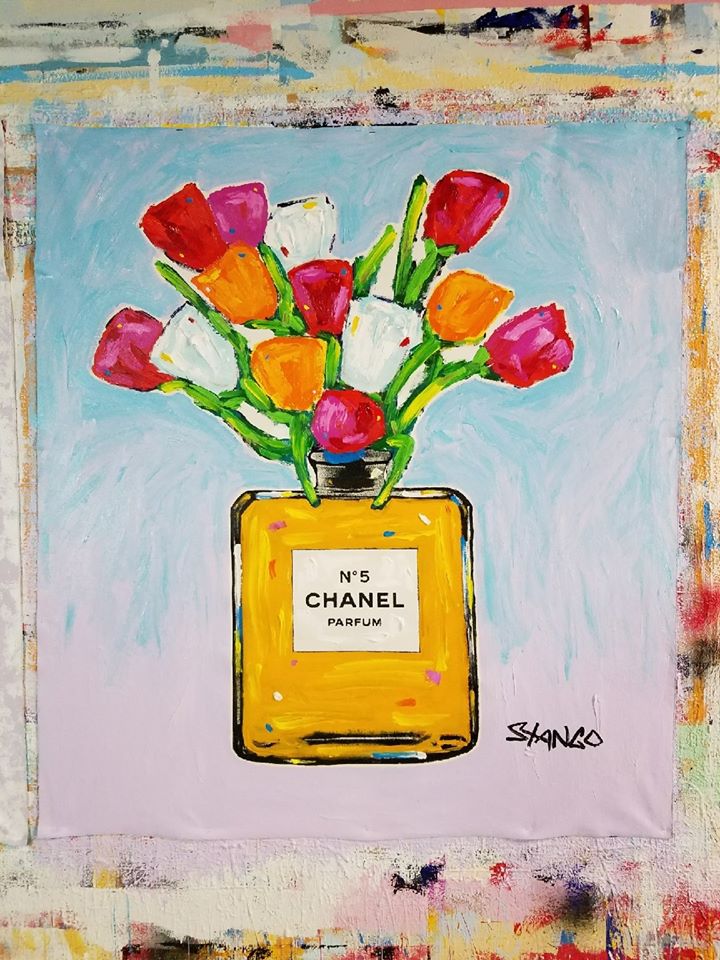 Stango Gallery: Chanel | Pale Pink and Light Blue Chanel No.5 Parfum and Tulips | Chanel Bottle Pop Art | Gallery at Studio Burke, Washington, DC