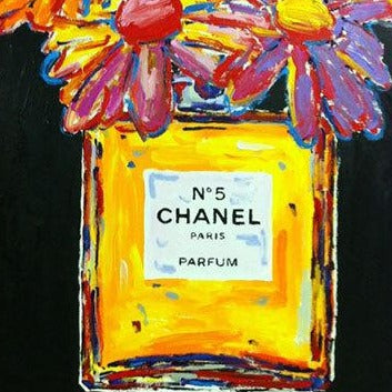 Stango Gallery: Chanel | Black Chanel No.5 Parfum and Daisy Flowers | Chanel Bottle Pop Art | Gallery at Studio Burke, Washington, DC