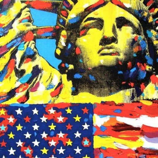 Stango Gallery: Monuments | Blue Sky Statue of Liberty and American Flag Pop Art | Gallery at Studio Burke, Washington, DC