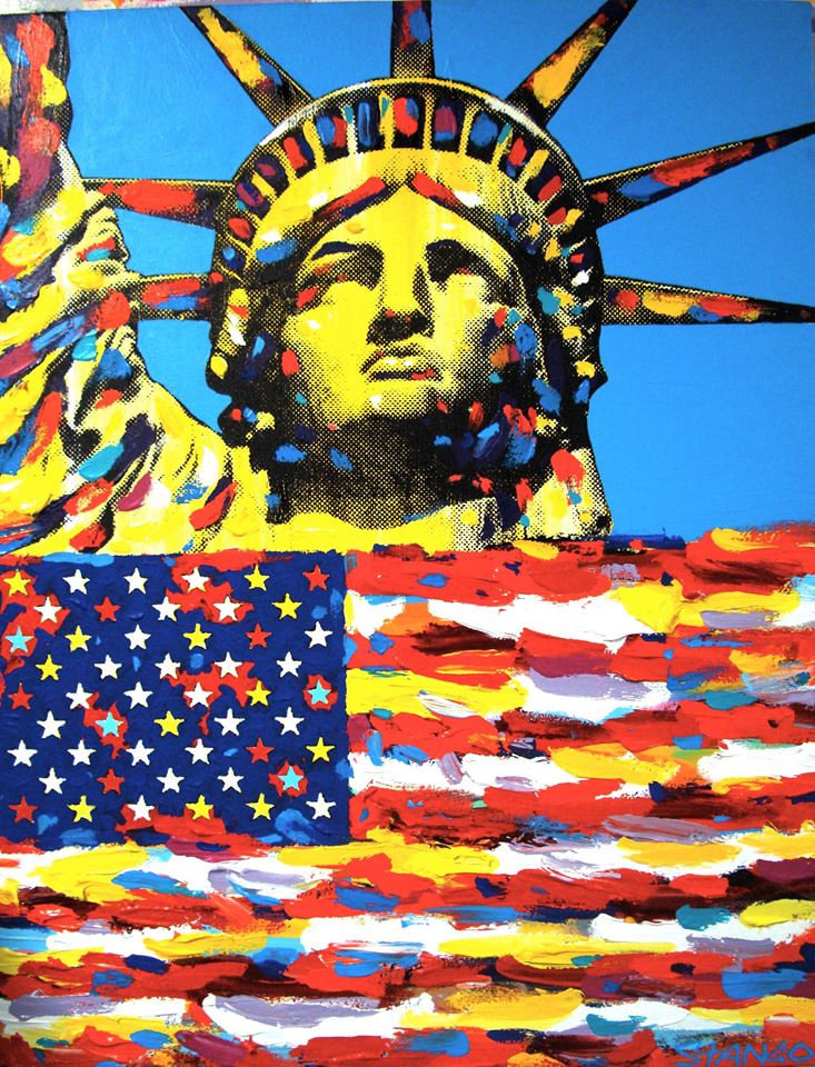 Stango Gallery: Monuments | Blue Sky Statue of Liberty and American Flag Pop Art | Gallery at Studio Burke, Washington, DC