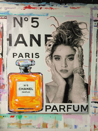 Stango Gallery: Iconic Madonna | Ivory Madonna and Chanel No.5 Parfum Bottle Pop Art | Gallery at Studio Burke, Washington, DC