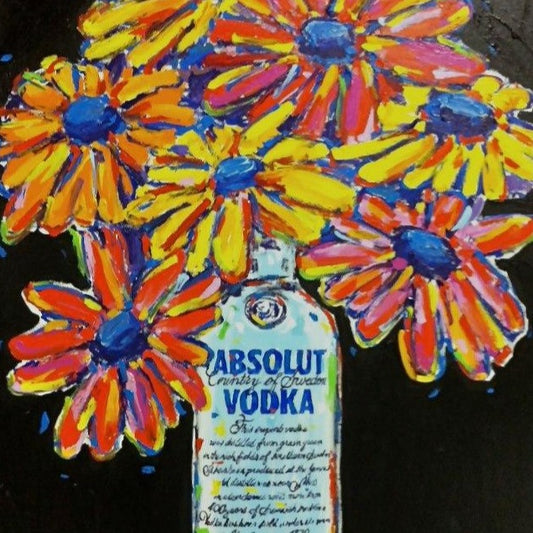 Stango Gallery: Flowers | Pastel on Black Daisy Vodka Bottle  Pop Art | Custom Contemporary Art | Gallery Burke DC