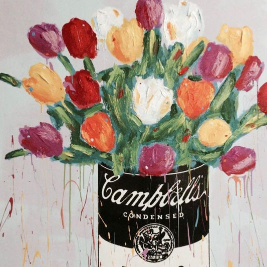 Stango Gallery: Flowers | Blue Tulip Flowers and Campbell's Tomato Soup Ajax Pop Art | Custom Contemporary Art | Gallery Burke DC