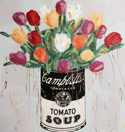 Stango Gallery: Flowers | Blue Tulip Flowers and Campbell's Tomato Soup Ajax Pop Art | Custom Contemporary Art | Gallery Burke DC