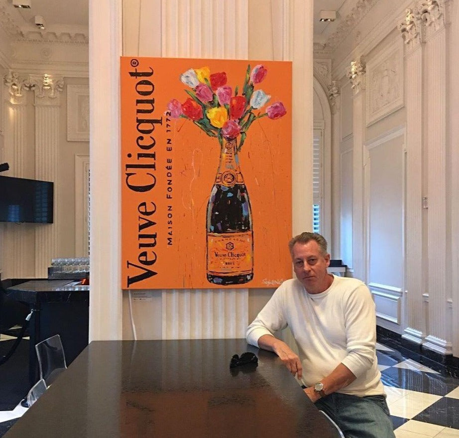 Painting by John Stango, Clicquot Bottle and Tulips Pop Art