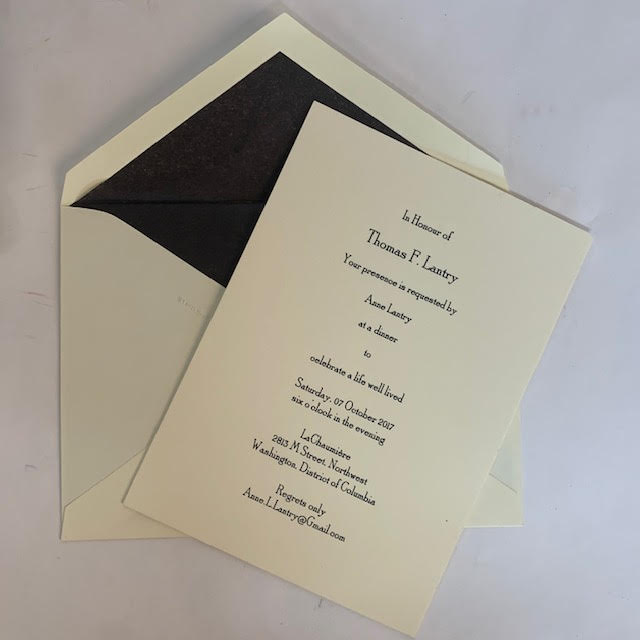 Funeral Stationery Sample | 5 by 7 inch | Ecru | 220lb Paper | Black Ink | Embossed Return | Black Tissue Lining | Deposit Only