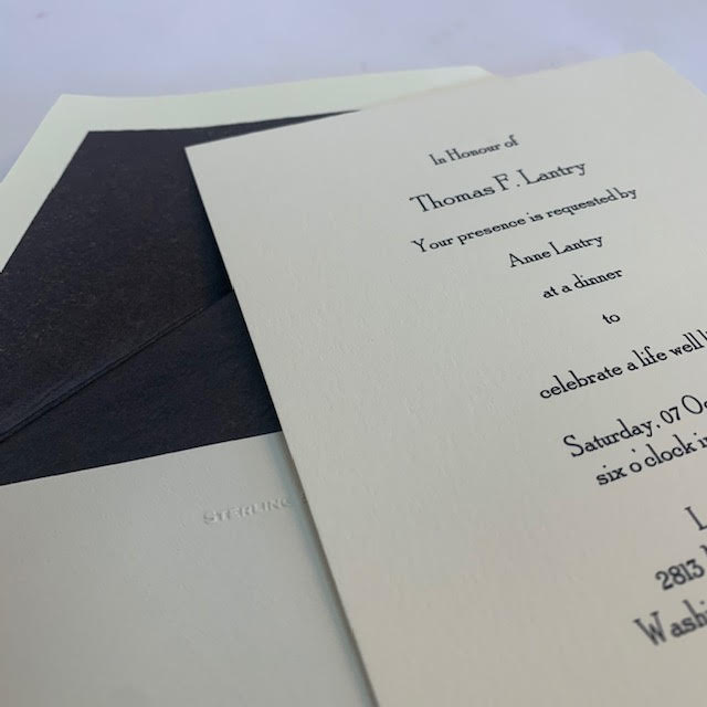 Funeral Stationery Sample | 5 by 7 inch | Ecru | 220lb Paper | Black Ink | Embossed Return | Black Tissue Lining | Deposit Only