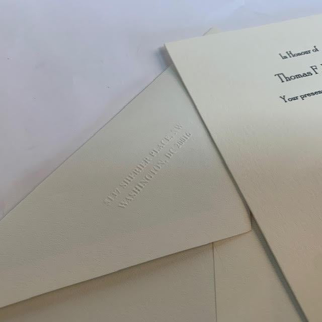 Funeral Stationery Sample | 5 by 7 inch | Ecru | 220lb Paper | Black Ink | Embossed Return | Black Tissue Lining | Deposit Only