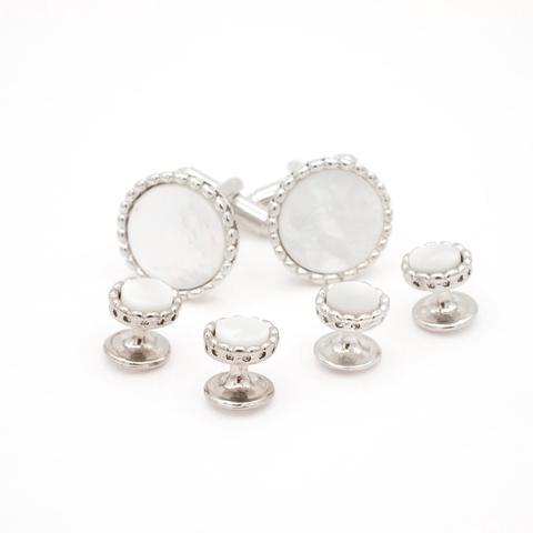 Silver Beaded Edge Stud / Cufflink Set | Mother of Pearl | Sterling and Burke-Cufflinks and Stud Sets-Sterling-and-Burke