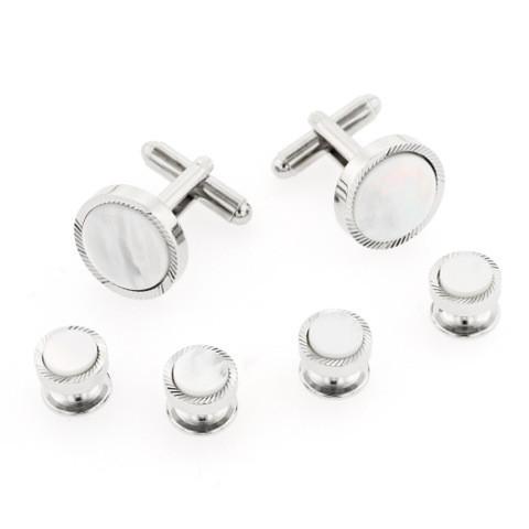 Silver Feathered Edge Stud / Cufflink Set | Mother of Pearl | Sterling and Burke-Cufflinks and Stud Sets-Sterling-and-Burke