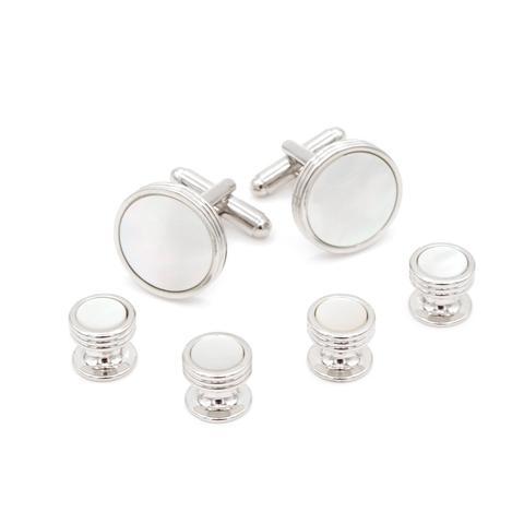Silver Stud / Cufflink Set | Ridges on Band | Mother of Pearl | Sterling and Burke-Cufflinks and Stud Sets-Sterling-and-Burke