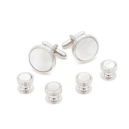 Silver Stud / Cufflink Set | Ridges on Band | Mother of Pearl | Sterling and Burke-Cufflinks and Stud Sets-Sterling-and-Burke