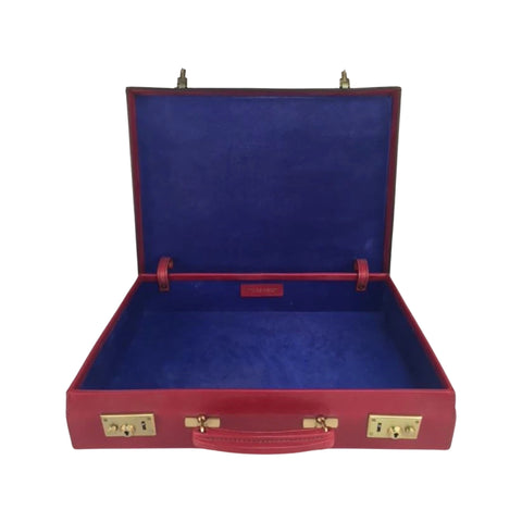 Bahrain | 3.5 Inch Red Box Lid Over Body Attache Case | Hand Stitched | Red English Bridle Leather | Royal Blue Suede | Bespoke Production