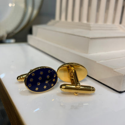 Star Cuff Links | Oval Enamel Star T-Bar Cufflinks | Navy and Gold Stars | Benson and Clegg | Made in England