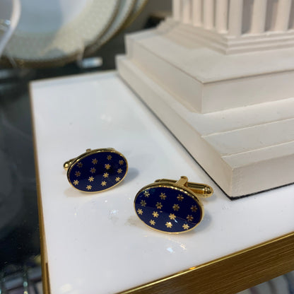 Star Cuff Links | Oval Enamel Star T-Bar Cufflinks | Navy and Gold Stars | Benson and Clegg | Made in England