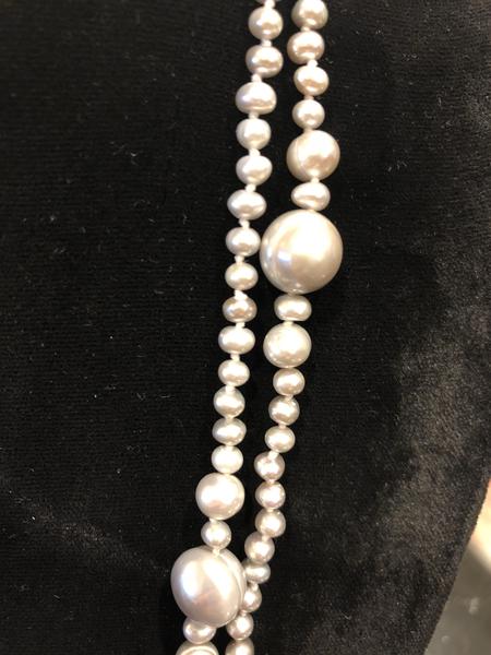 Pearl Necklace | Fresh Water Pearls | Single Strand | Hand Knotted Pearls | 52" Necklace | 3mm and 8mm | Silver Clasp | Silver Grey