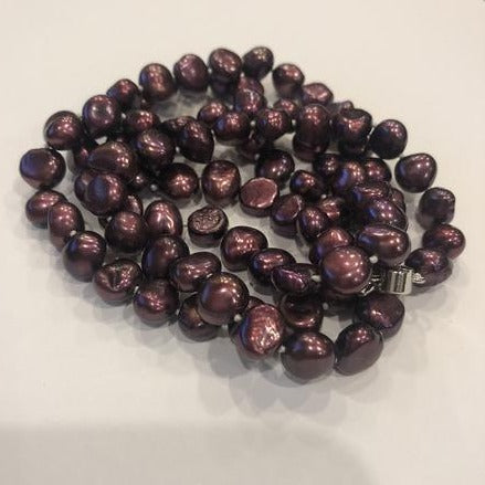 Pearl Necklace | Fresh Water Pearls | Single Strand | Hand Knotted Pearls | 32" Necklace | 8-10mm | Silver Clasp | Purple / Burgundy / Maroon Baroque Pearl Necklace