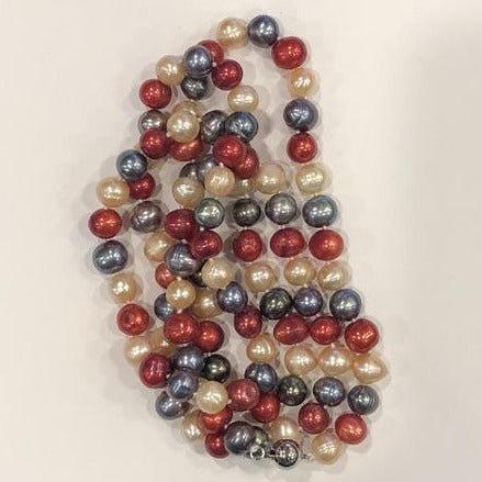 Pearl Necklace | Fresh Water Pearls | Single Strand | Hand Knotted Pearls | 34" Necklace | 7mm | Silver Clasp | Grey, Ivory, Red