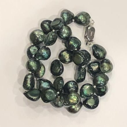 Pearl Necklace | Fresh Water Pearls | Single Strand | Hand Knotted Pearls | 12" Necklace | 10mm | Silver Clasp | Green Baroque Pearl Necklace