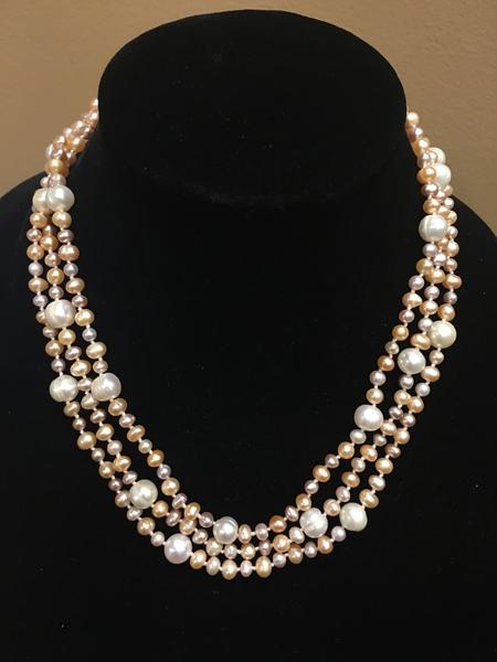 Pearl Necklace | Fresh Water Pearls | Single Strand | Hand Knotted Pearls | 53" Necklace | 3mm and 8mm | Silver Clasp | Multi Shades of Pink, Ivory