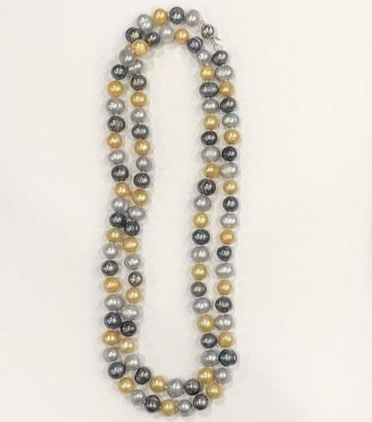 Pearl Necklace | Fresh Water Pearls | Single Strand | Hand Knotted Pearls | 34" Necklace | 7mm | Silver Clasp | Grey, Silver, Yellow