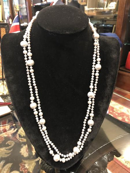 Pearl Necklace | Fresh Water Pearls | Single Strand | Hand Knotted Pearls | 52" Necklace | 3mm and 8mm | Silver Clasp | Silver Grey