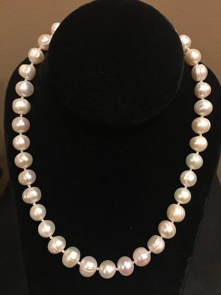Pearl Necklace | Fresh Water Pearls | Single Strand | Hand Knotted Pearls | 18" Necklace | 10mm | Silver Clasp | Ivory
