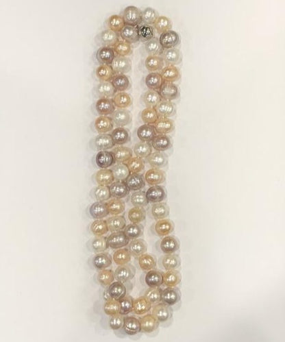 Pearl Necklace | Fresh Water Pearls | Single Strand | Hand Knotted Pearls | 34" Necklace | 8mm | Silver Clasp | Multi Shades of Pink and Ivory