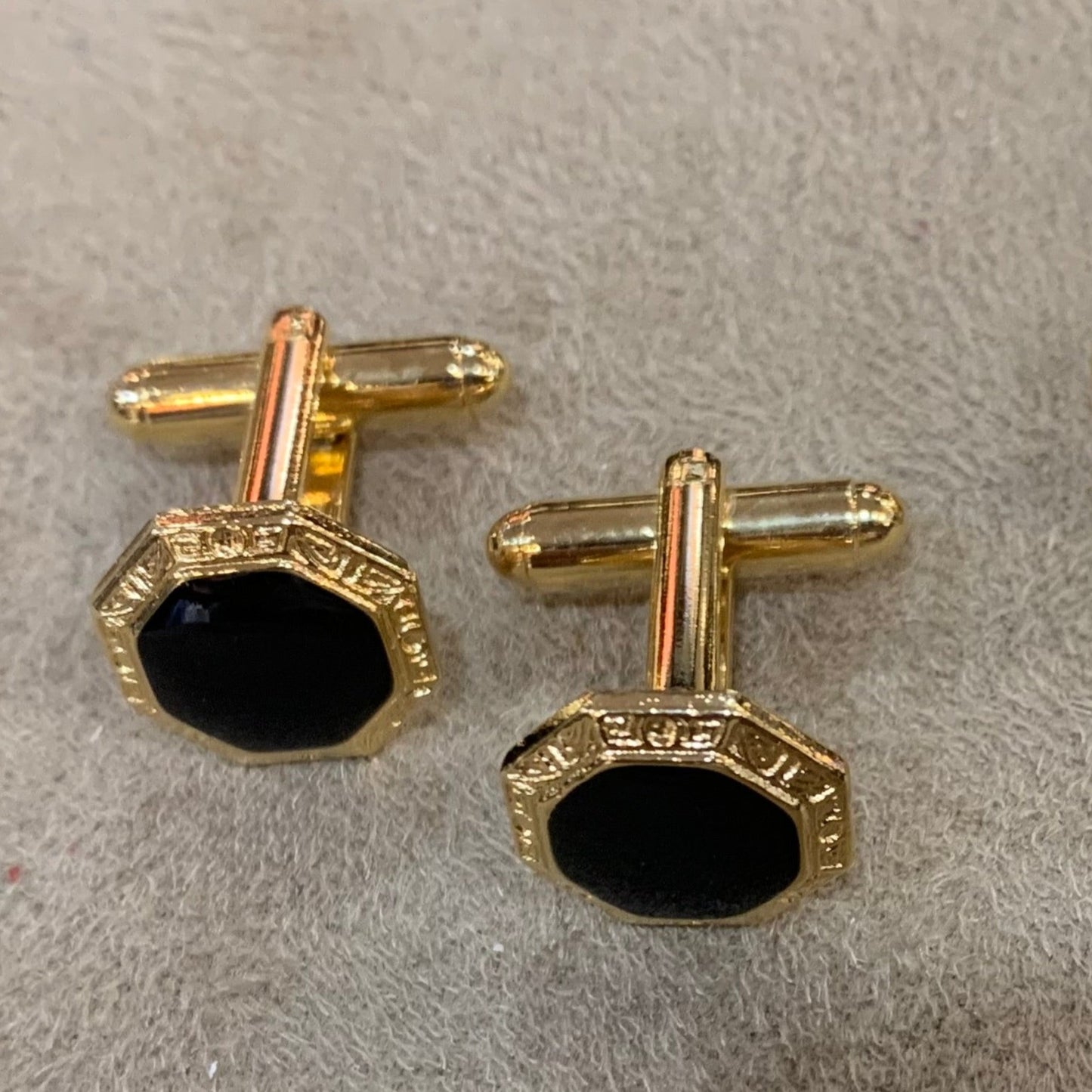 Cuff Link and Stud Set | Black and Gold | Round with Onyx with Greek Key Design | Studio Burke DC | Made in USA