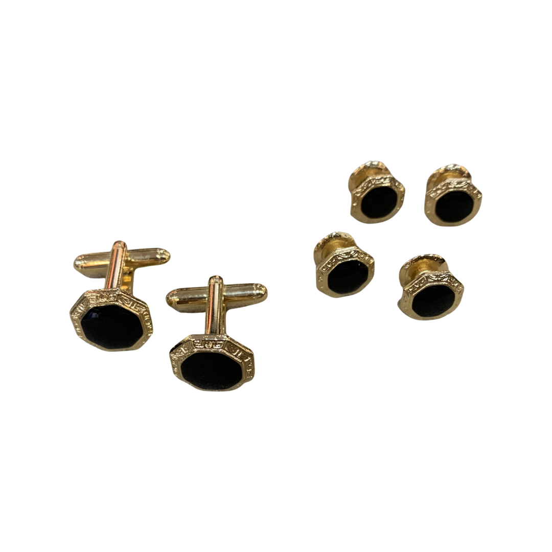 Cuff Link and Stud Set | Black and Gold | Round with Onyx with Greek Key Design | Studio Burke DC | Made in USA