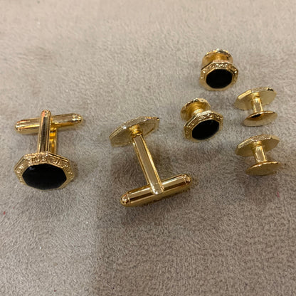 Cuff Link and Stud Set | Black and Gold | Round with Onyx with Greek Key Design | Studio Burke DC | Made in USA