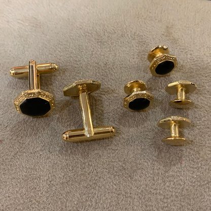 Cuff Link and Stud Set | Black and Gold | Round with Onyx with Greek Key Design | Studio Burke DC | Made in USA