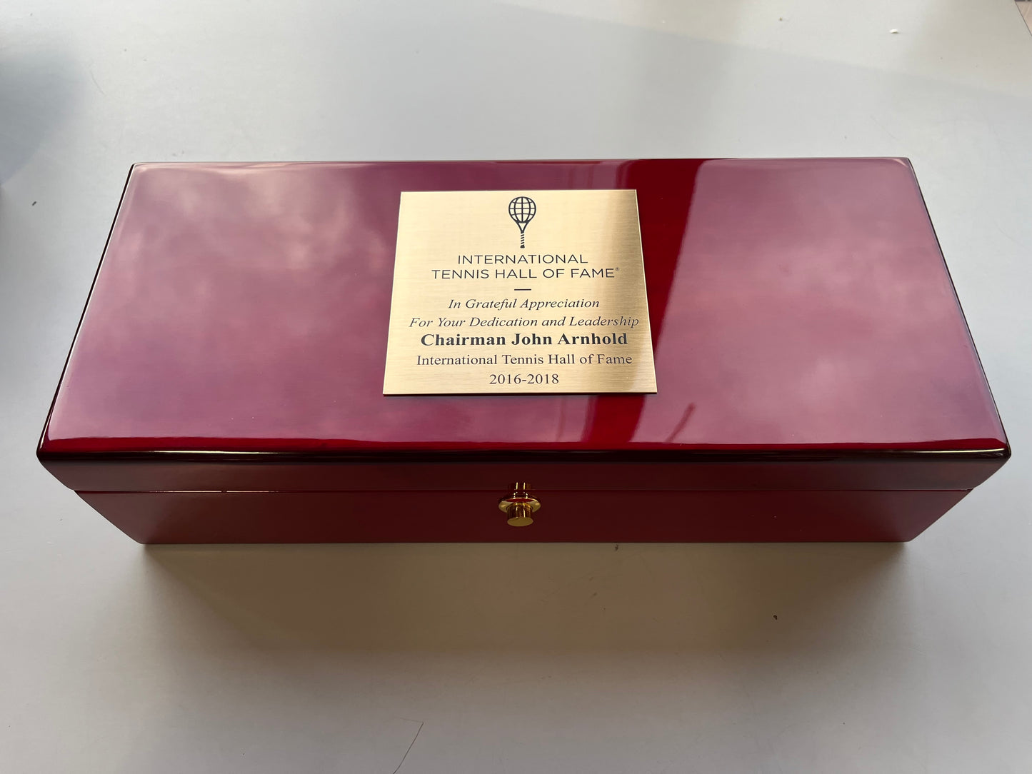 International Tennis Hall of Fame | Gavel and Block in Rosewood Box | Engraved Band on Gavel and Plate on Box |