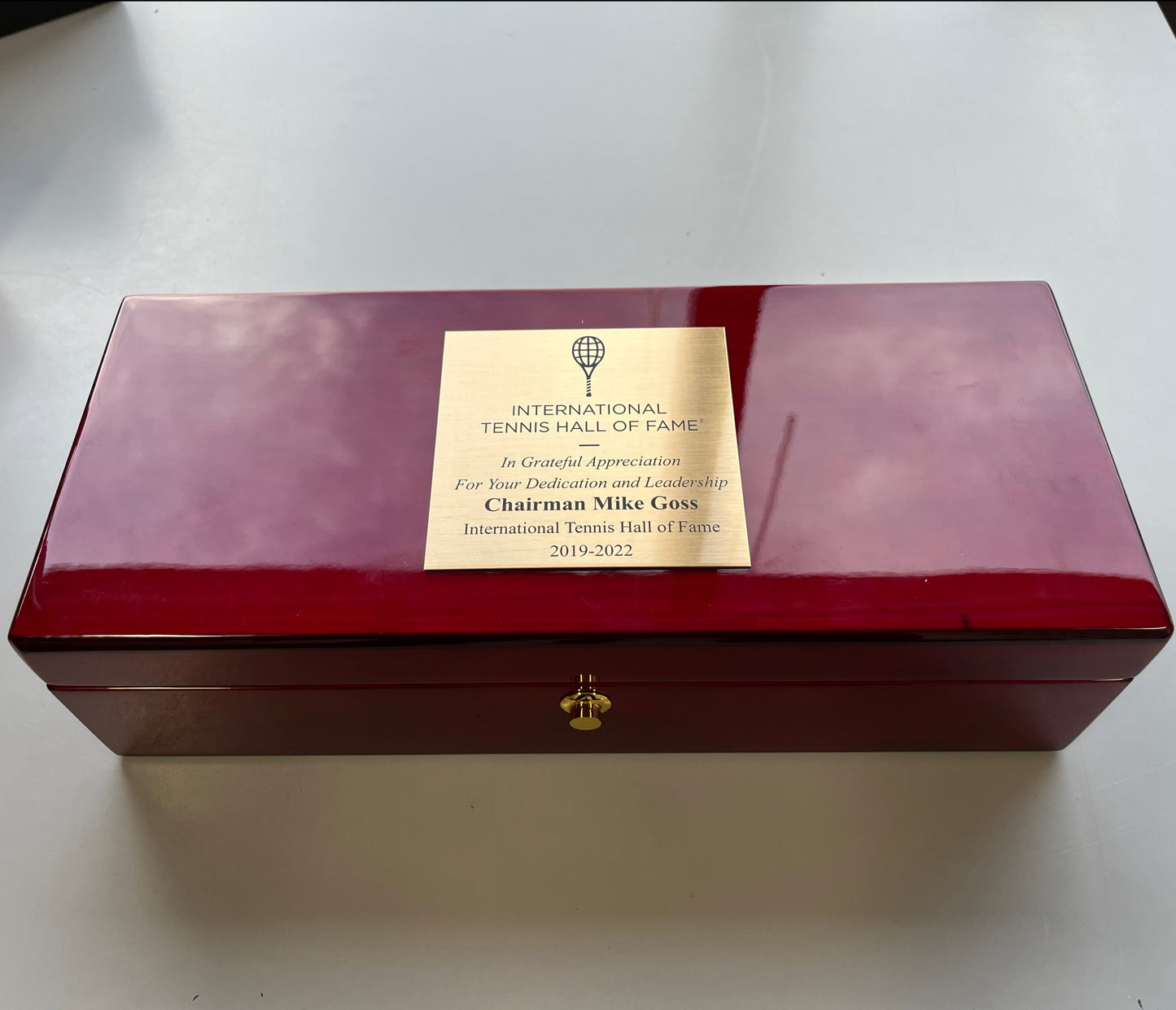 International Tennis Hall of Fame | Gavel and Block in Rosewood Box | Engraved Band on Gavel and Plate on Box |