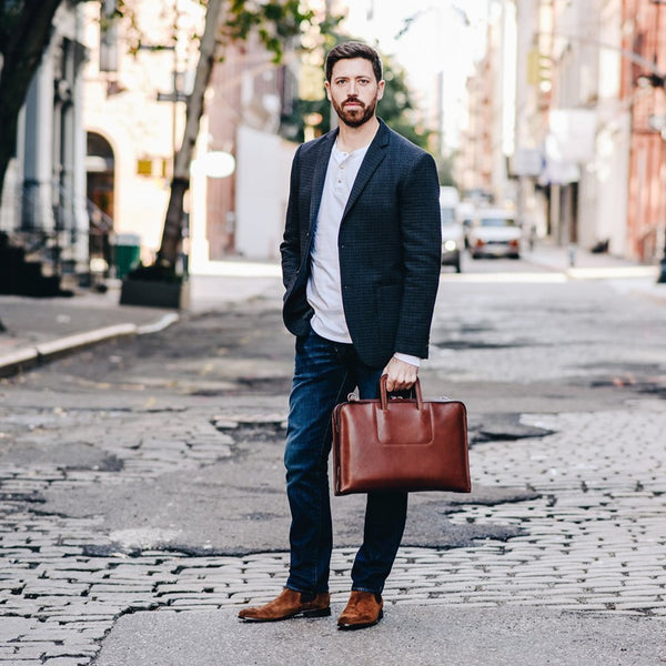 The Jackson 17" Leather Brief Bag with Zipper | Full Grain Leather | Made in USA | Korchmar | Black Leather with Nickel Fittings
