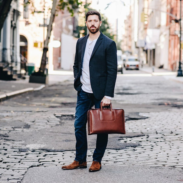 The Jackson 17" Leather Brief Bag with Zipper | Full Grain Leather | Made in USA | Korchmar | London Tan Leather with Nickel Fittings