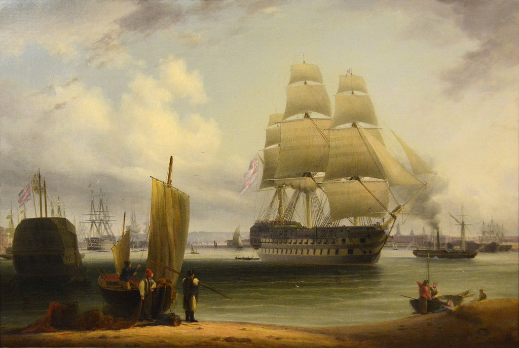 Antique Oil Painting | HMS York , Prince, Victory, Queen Charlotte and Spartiate at Portsmouth by Robert Strickland Thomas | 23" x 32"-Oil Painting-Sterling-and-Burke