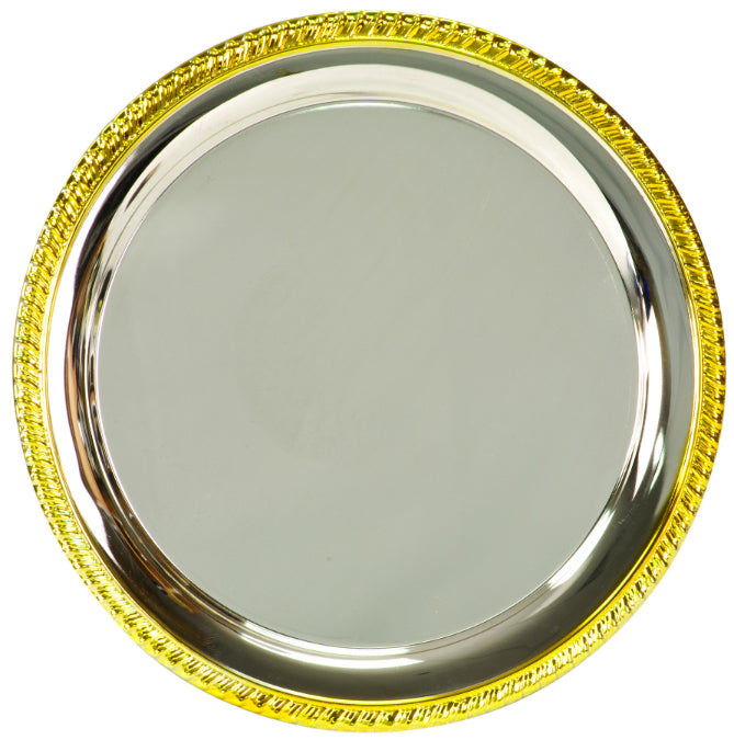 Round Presentation Tray | Silver Plated with gold Plate Edge | Engraved, Sublimation Logo and Message | 10 Inch Diameter